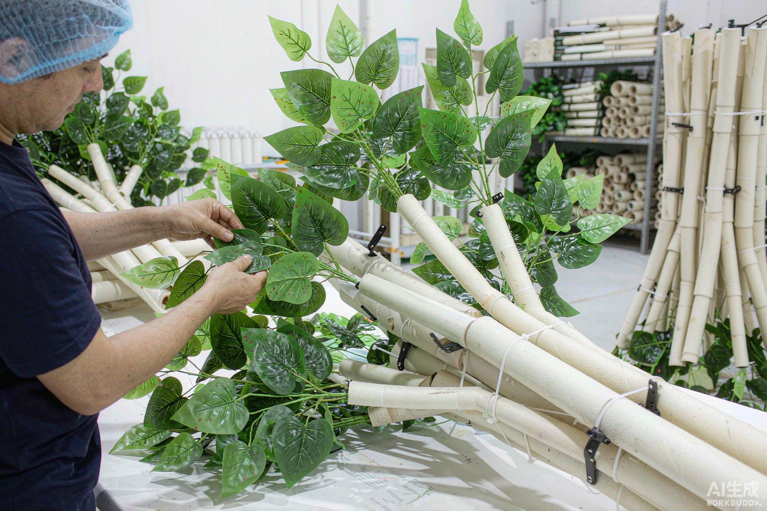 Worker hand-attaching green foliage onto a large artificial tree frame in the factory