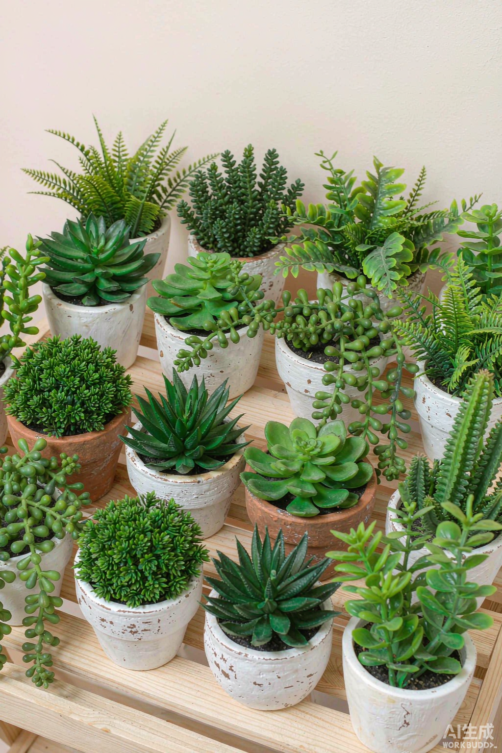 Variety of small potted artificial plants and succulents