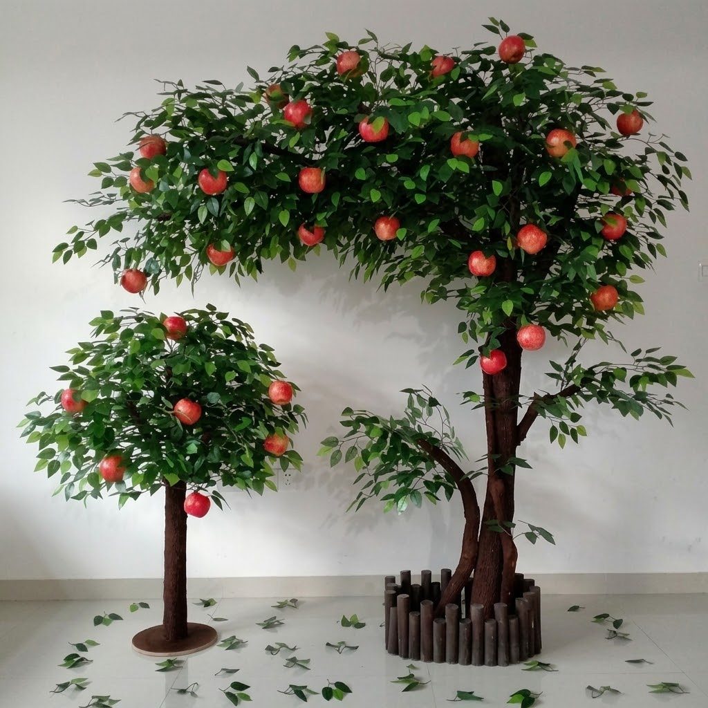 Artificial apple trees in two sizes with a timber-edged base in our studio