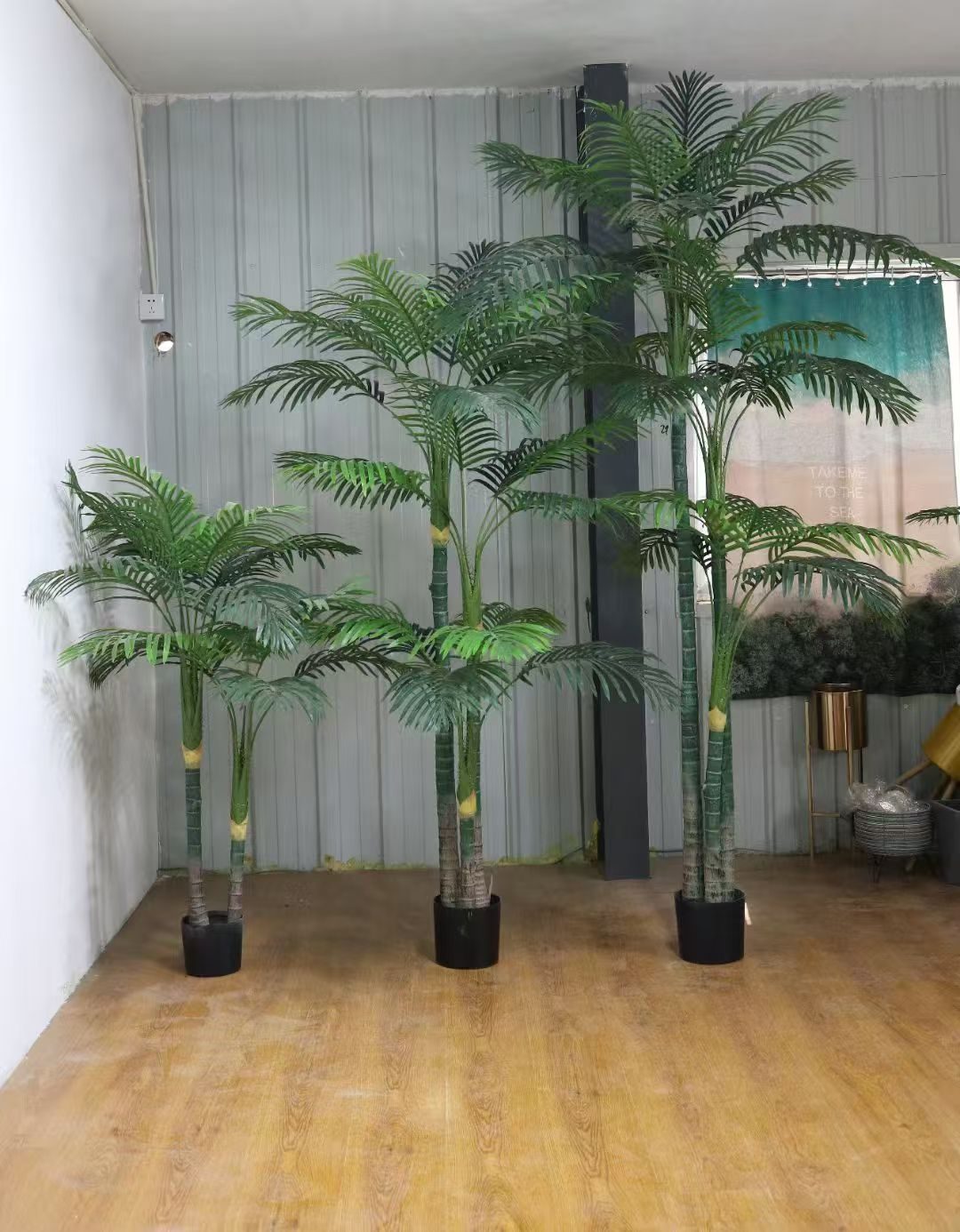 展厅墙边的人造散尾葵与热带植物造景