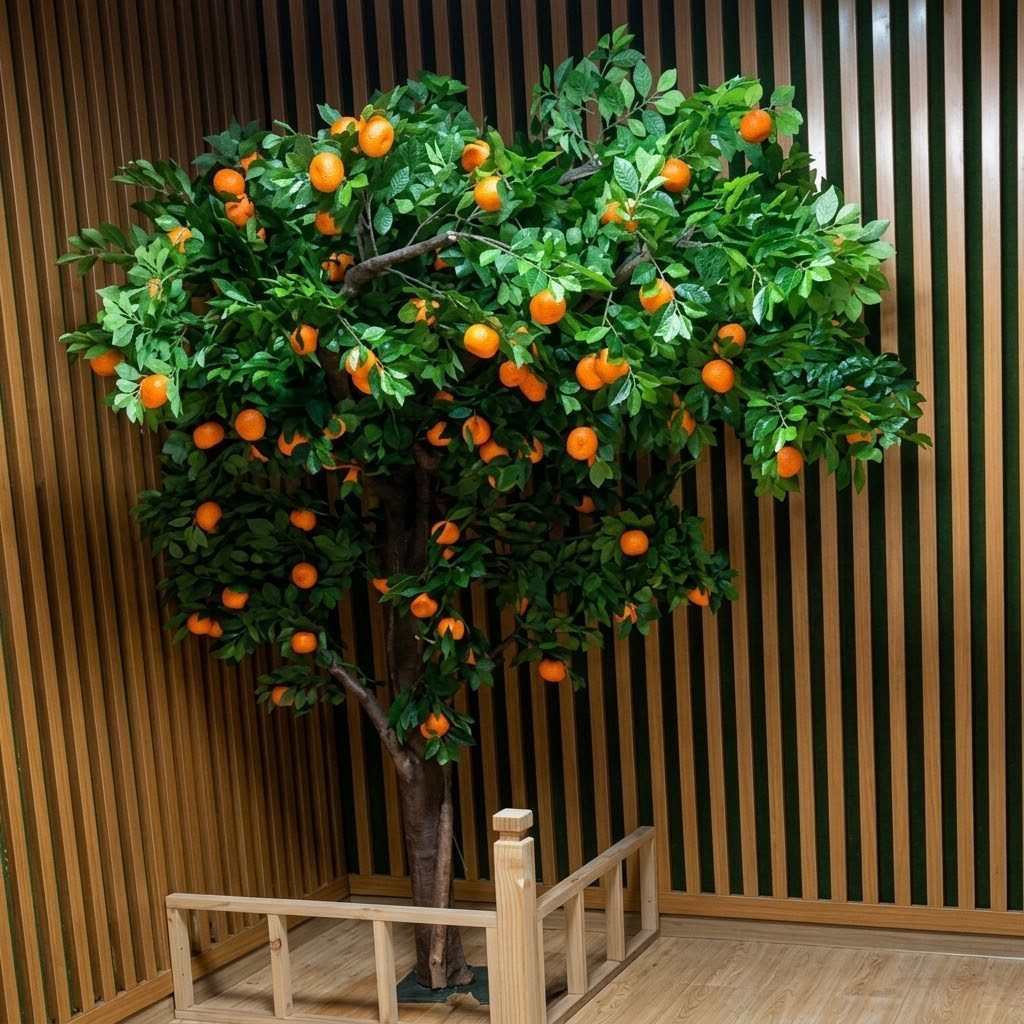 Artificial orange tree with hand-set fruit against a timber slat wall