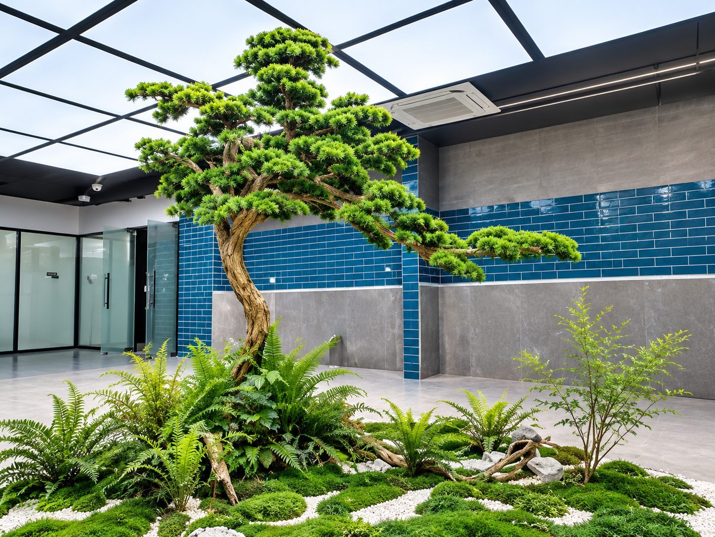Pair of artificial pine topiary trees framing an indoor entrance