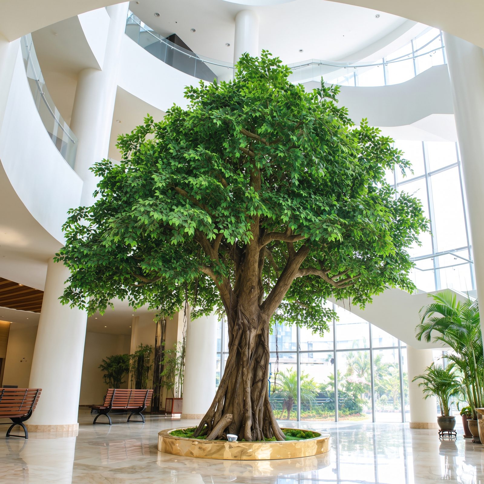 Banyan tree spanning a hotel atrium bridge