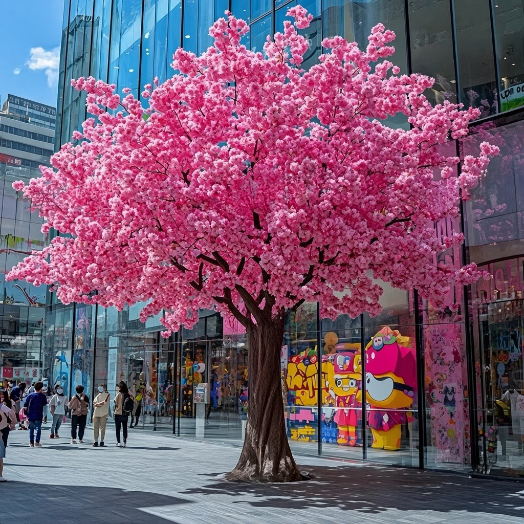 Hot-pink blossom tree at a mall entrance