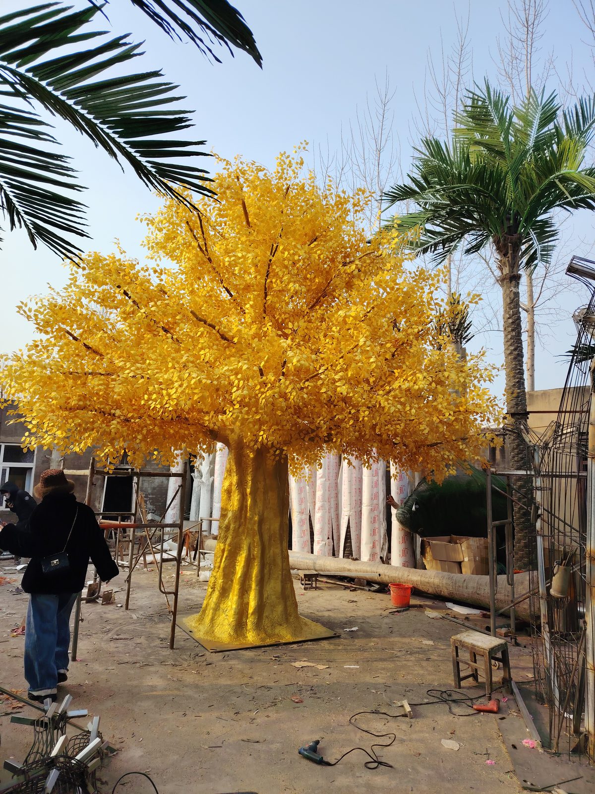 Outdoor golden ginkgo installation