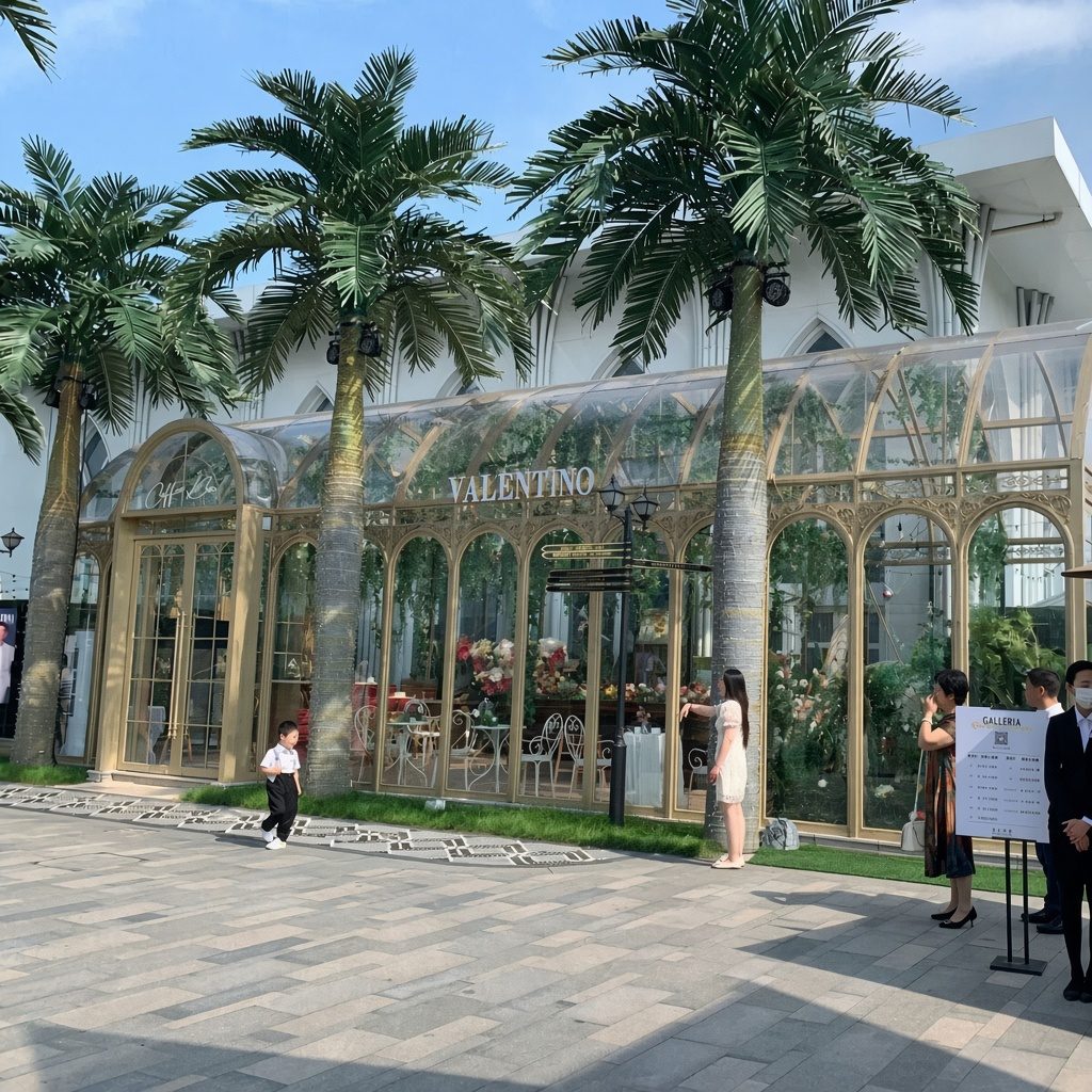 玻璃幕墙酒店中庭成排海枣树 — 棕榈树：车间与项目现场实拍