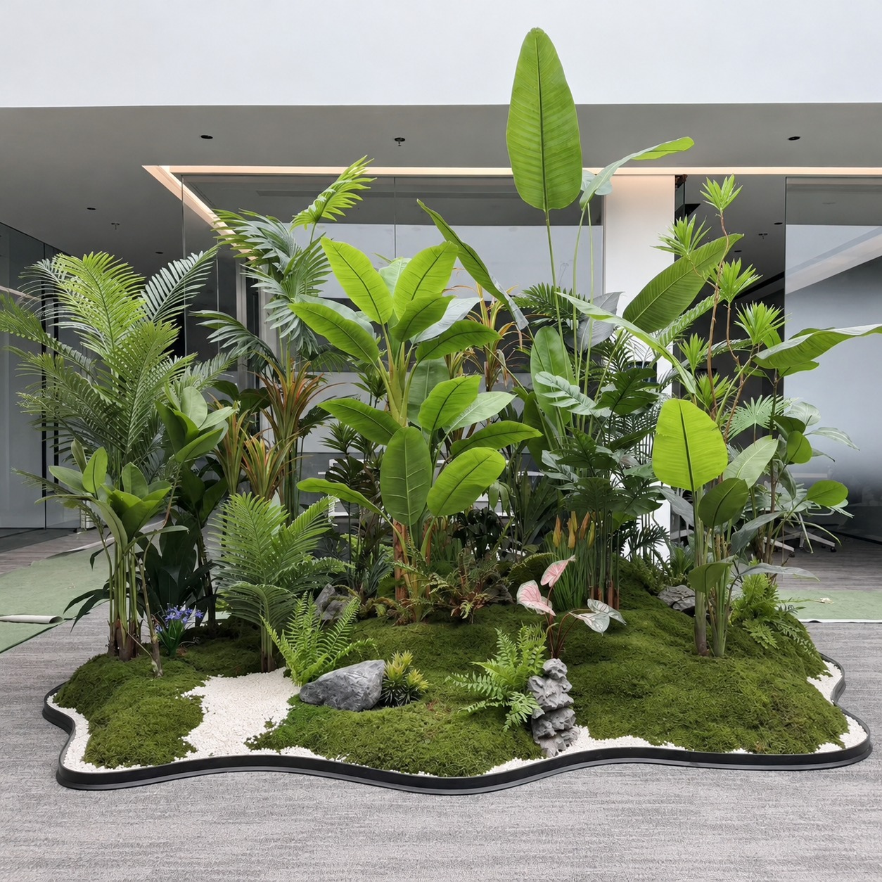 Areca palms lining an office corridor