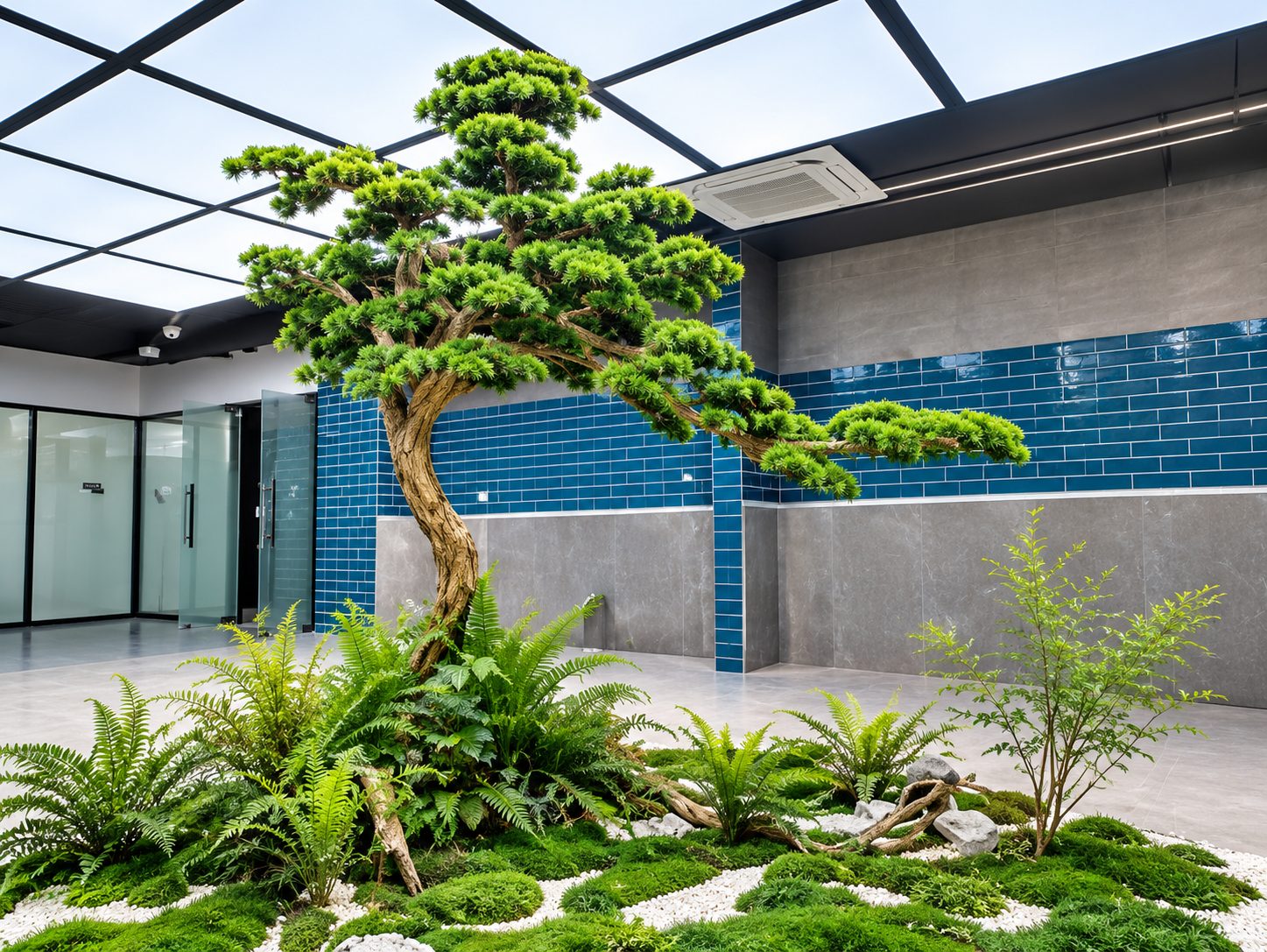 Pine topiary framing a hotel lobby entrance