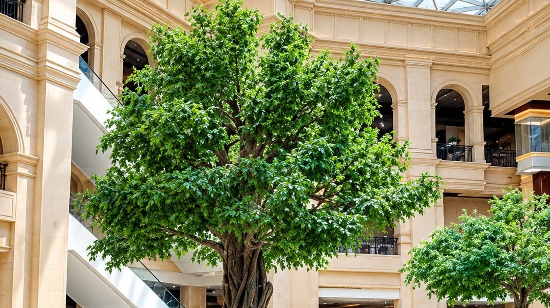 Large custom artificial trees installed in a shopping mall atrium