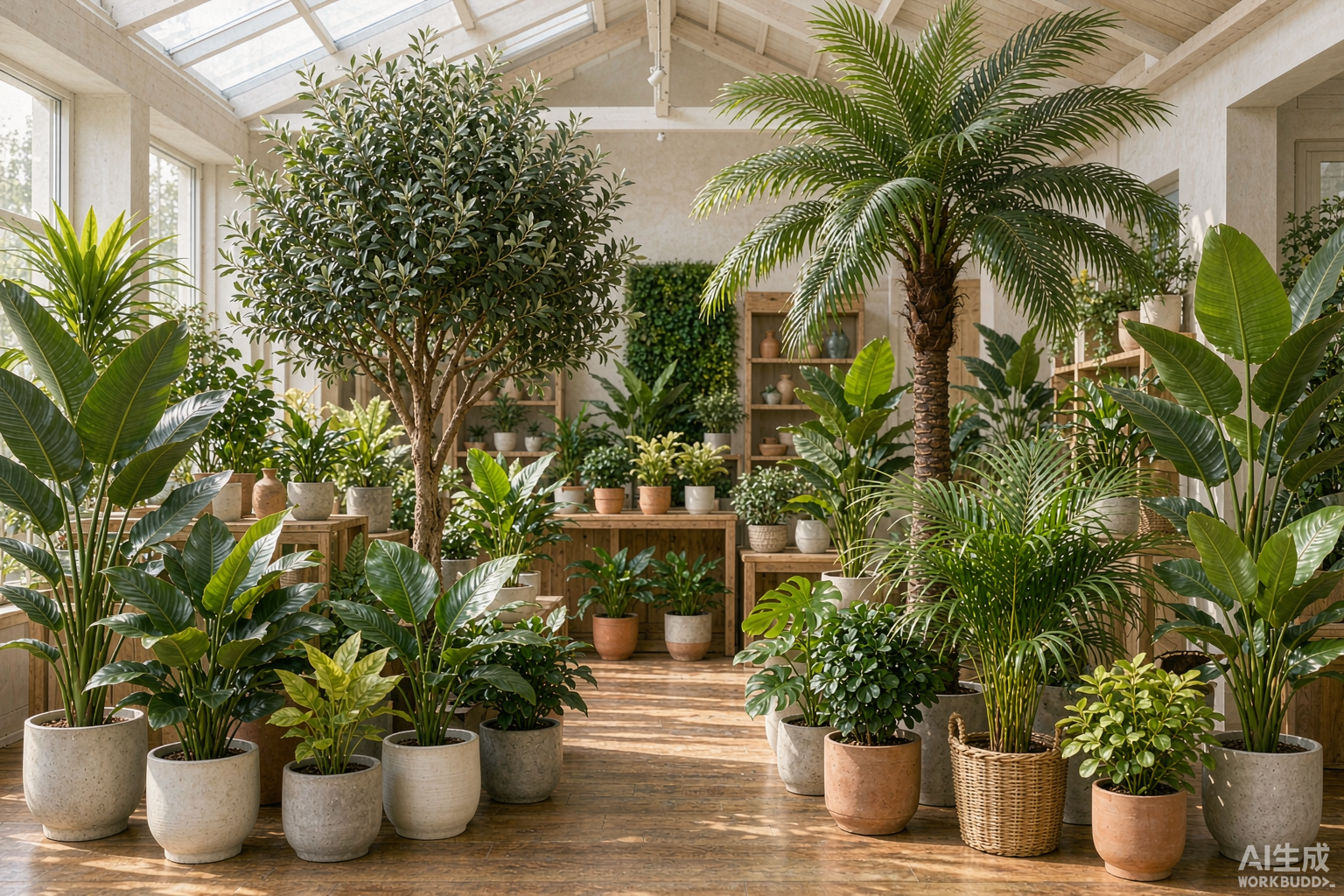 Vibrant showroom of commercial-grade artificial trees and lush potted green plants — custom wholesale artificial greenery