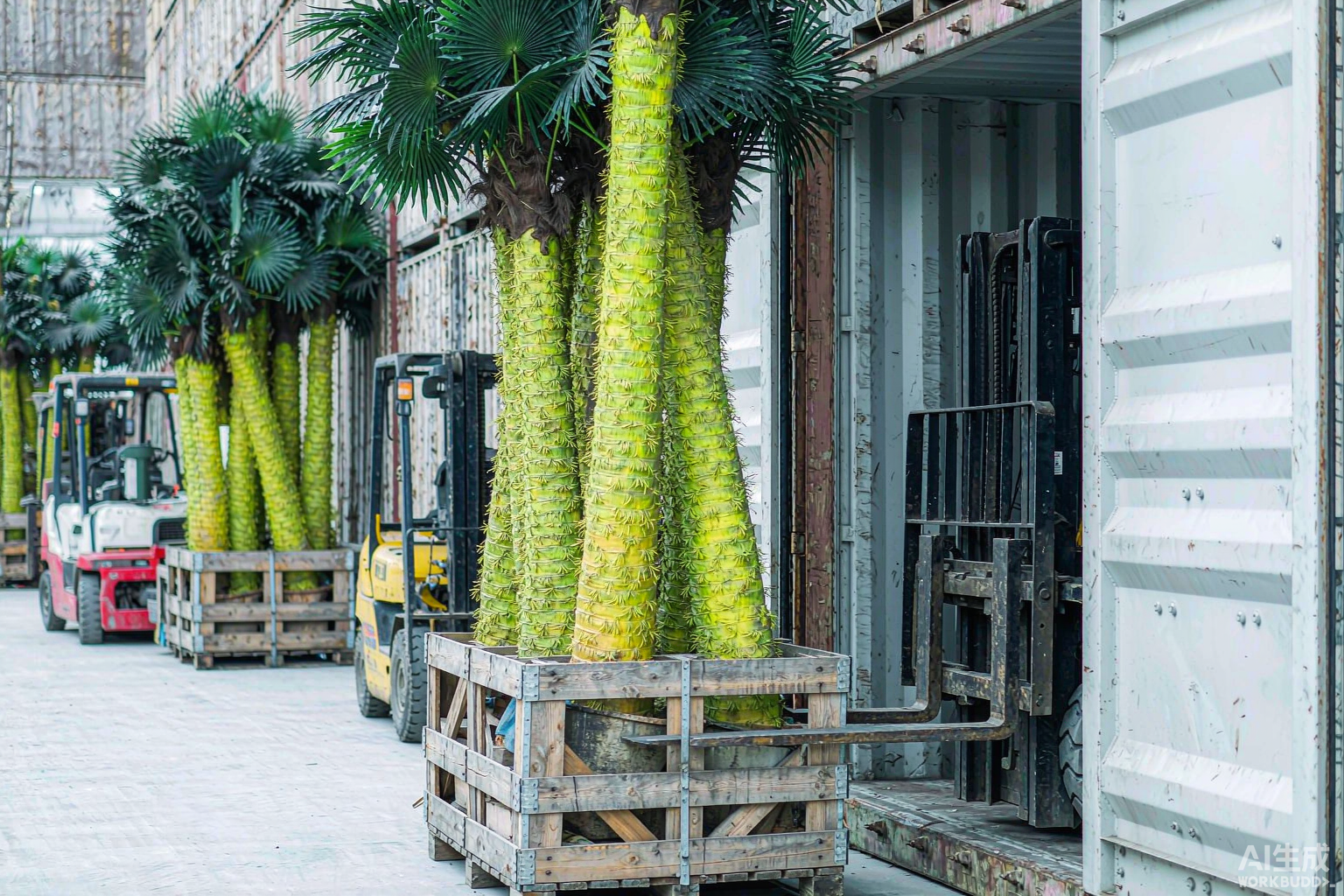 Artificial trees in wooden export crates loaded into shipping container
