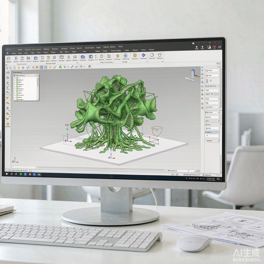 Engineer designing 3D CAD model of a custom artificial tree with structural frame lines
