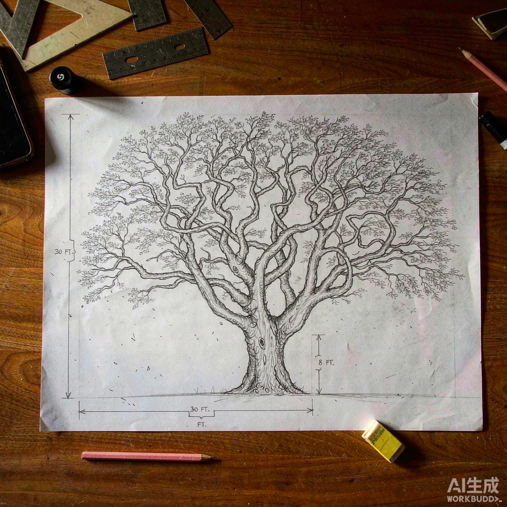 Client's handwritten pencil sketch of a custom artificial tree with dimension annotations