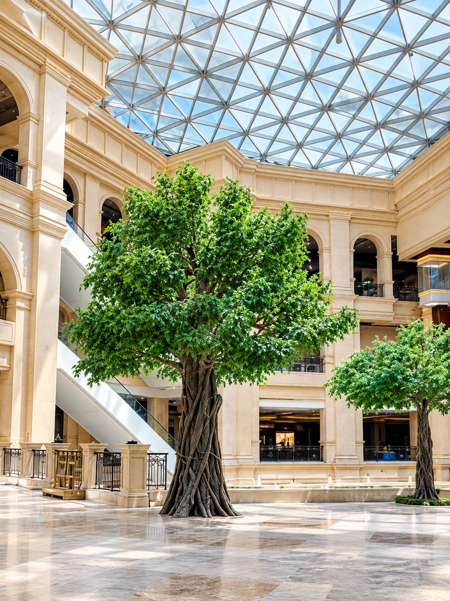 Large artificial ficus trees under a shopping mall glass dome