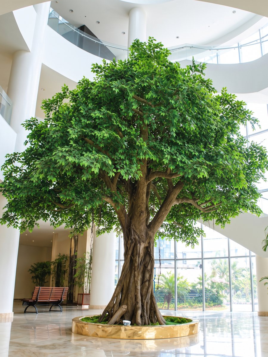 Giant artificial banyan statement tree under a glazed atrium roof