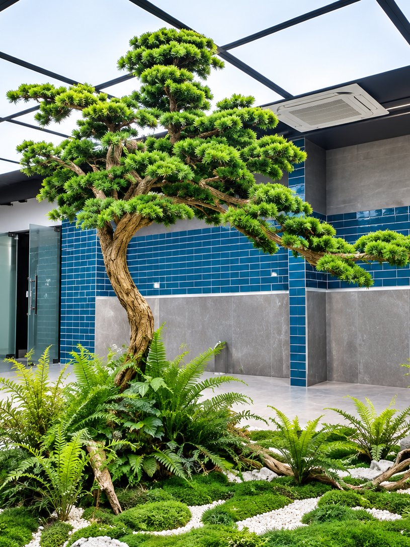 Shaped artificial bonsai pine with a moss bed in an indoor courtyard