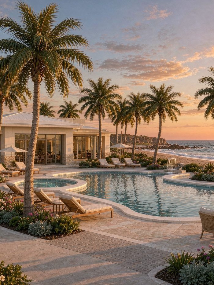 UV-resistant artificial coconut palm trees on a resort pool deck at sunset