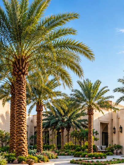 Artificial date palms lining a desert resort courtyard in the Middle East