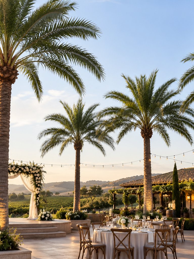 Artificial palms with festoon lighting dressed for an outdoor wedding venue