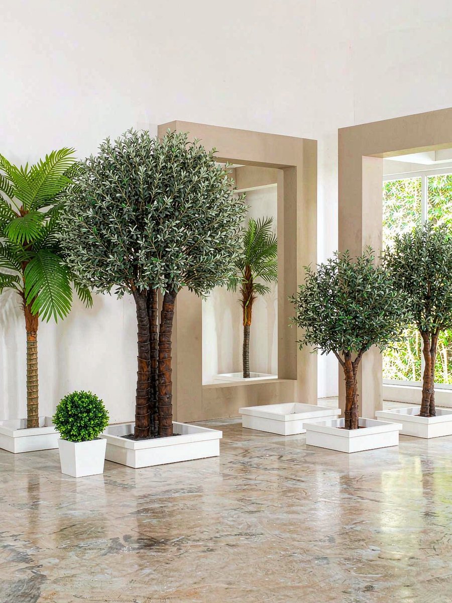 Artificial Japanese maple trees in white cube planters in a marble reception hall