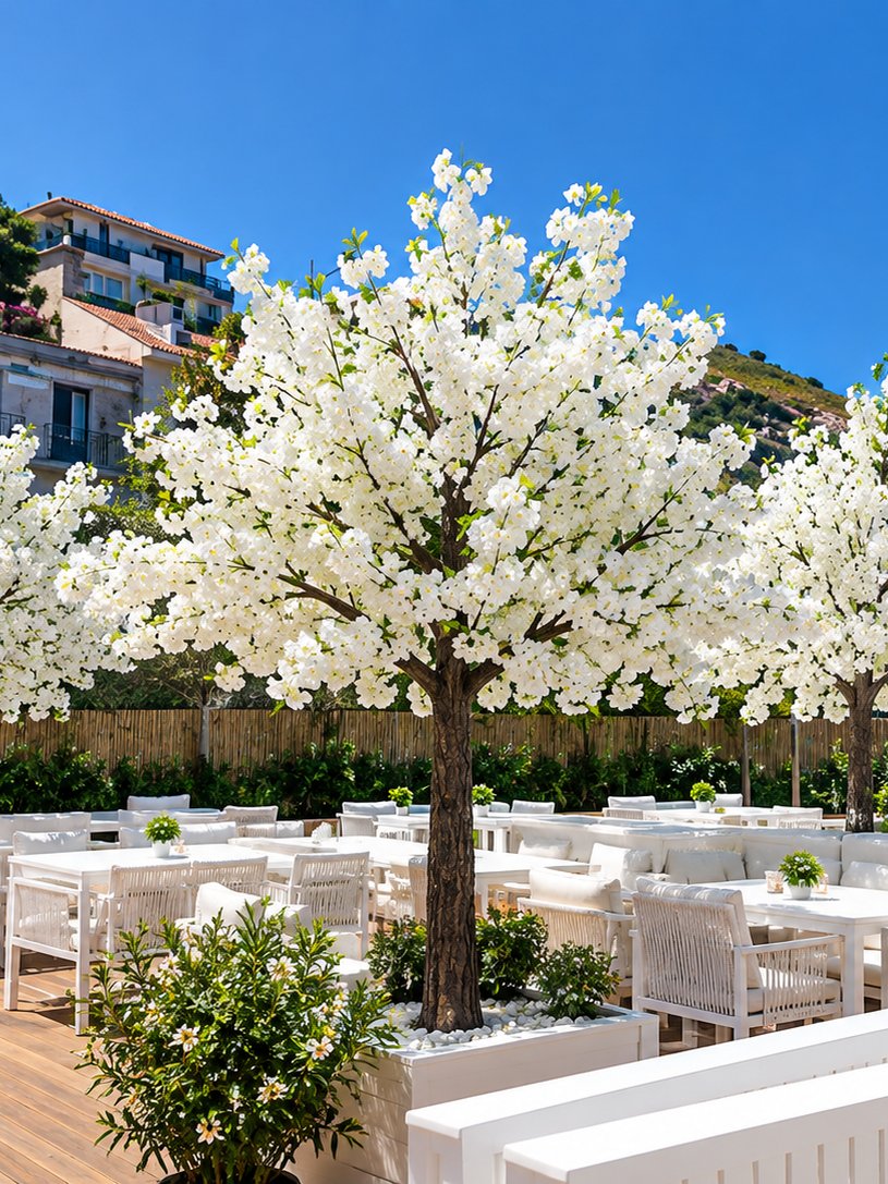 White artificial cherry blossom trees on a seaside terrace with white furniture