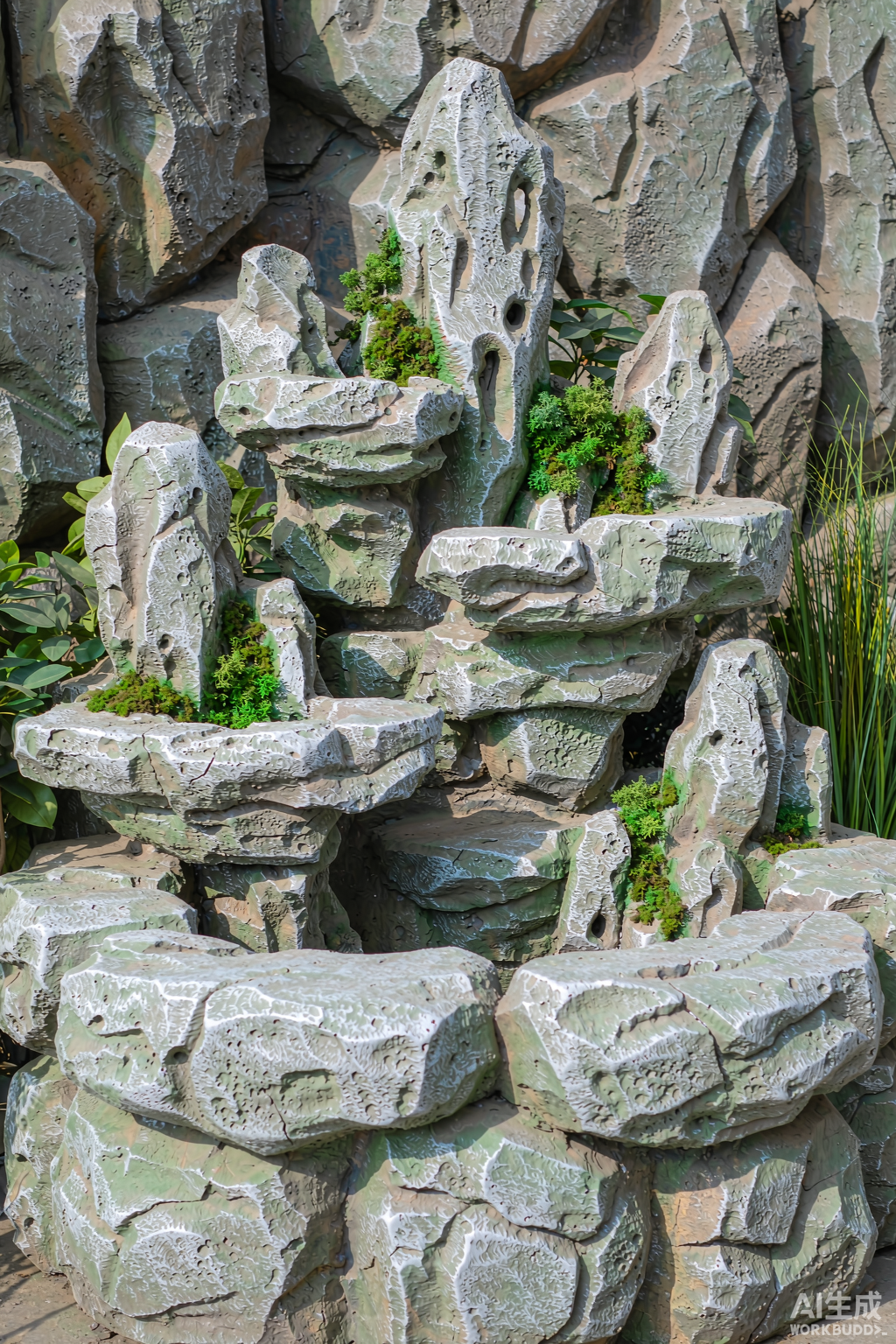 Artificial rockery stones with integrated artificial plants and moss