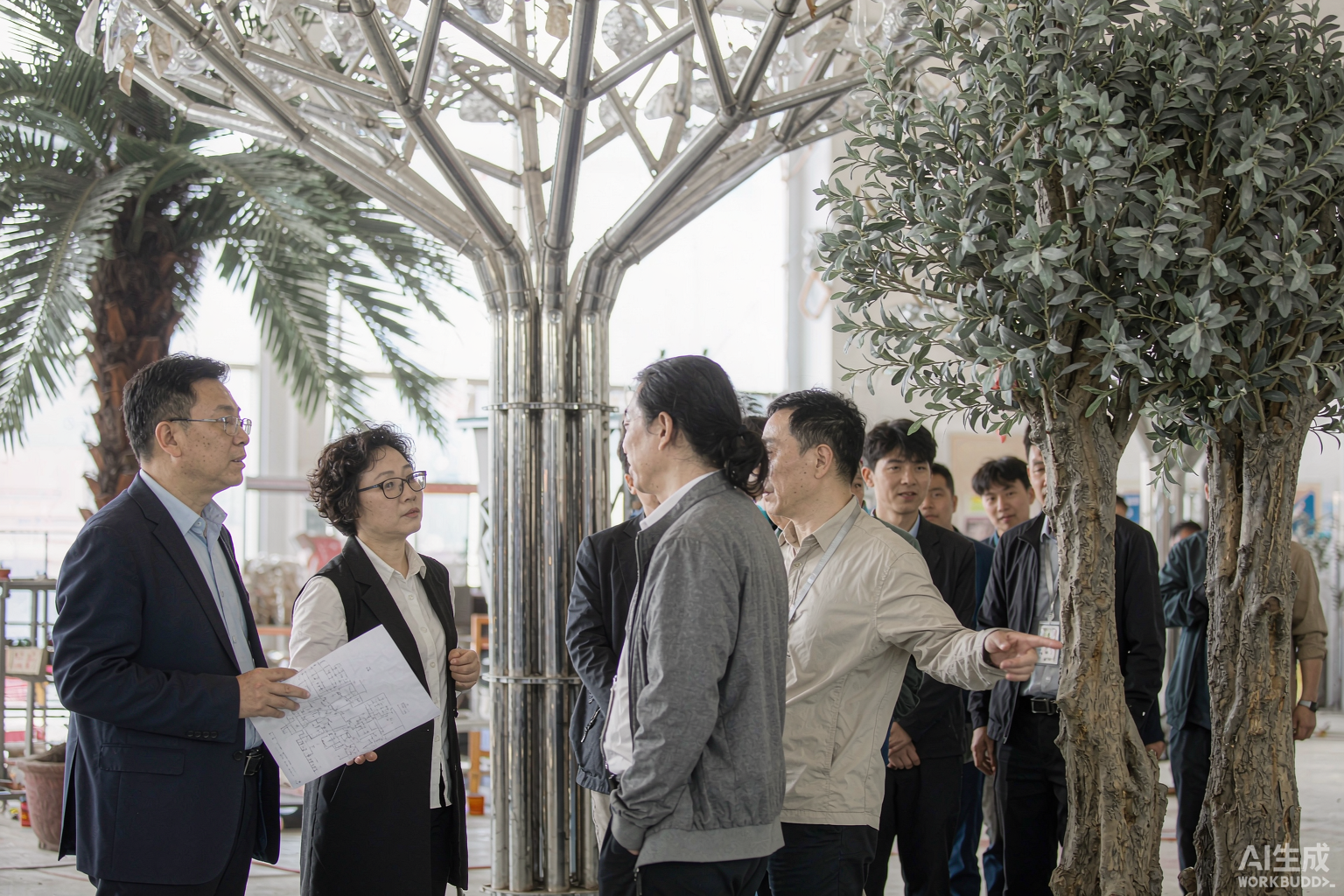 Foreign engineering clients collaborating with our engineering team inside the artificial tree factory showroom